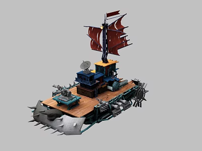 Cartoon Pirate Ship Scene With Wooden Deck Red Black Sails Control Tower And Spiked Sides 3d model