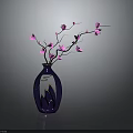 Elegant Purple Vase With Pink Blooms And Gold Mountain Pattern On Dark Background With Reflection