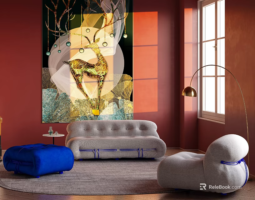 Modern Sofa Set With Blue Ottoman Gray Armchair And Abstract Painting In Living Room 3d model 