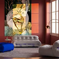 Modern Sofa Set With Blue Ottoman Gray Armchair And Abstract Painting In Living Room