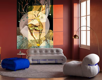 Modern Sofa Set With Blue Ottoman Gray Armchair And Abstract Painting In Living Room 3d model