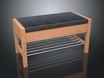 Stylish Outdoor Bench With Wooden Frame Gray Cushioned Seat And Metal Storage Rack 3d model