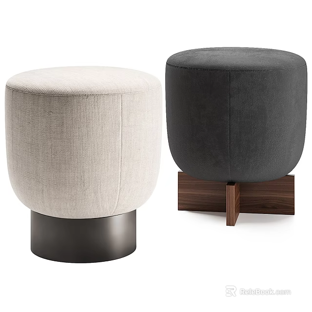 Light Beige And Dark Gray Upholstered Stools With Metal And Walnut Wood Bases 3d model 
