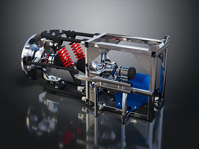 Mechanical Device With Metal Frame Red Springs And Blue Motor Components 3d model