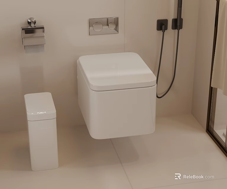 Modern White Bathroom With Wall Mounted Toilet Trash Bin Toilet Paper Holder And Shower Hose 3d model 