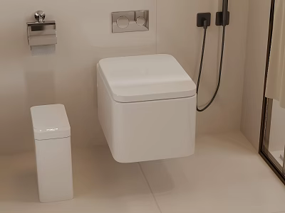 Modern White Bathroom With Wall Mounted Toilet Trash Bin Toilet Paper Holder And Shower Hose 3d model