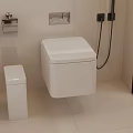 Modern White Bathroom With Wall Mounted Toilet Trash Bin Toilet Paper Holder And Shower Hose