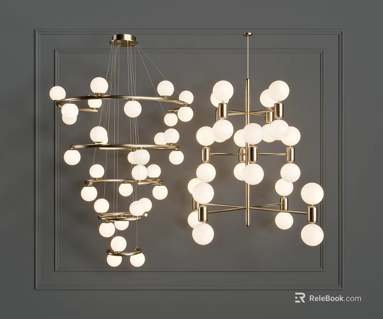 Chandeliers With Gold Frame And White Spherical Lights For Modern Interior Decor 3d model 