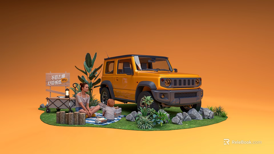Family Enjoying Camping Picnic With Yellow SUV And Outdoor Nature Setup 3d model 
