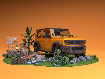 Family Enjoying Camping Picnic With Yellow SUV And Outdoor Nature Setup 3d model