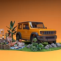 Family Enjoying Camping Picnic With Yellow SUV And Outdoor Nature Setup