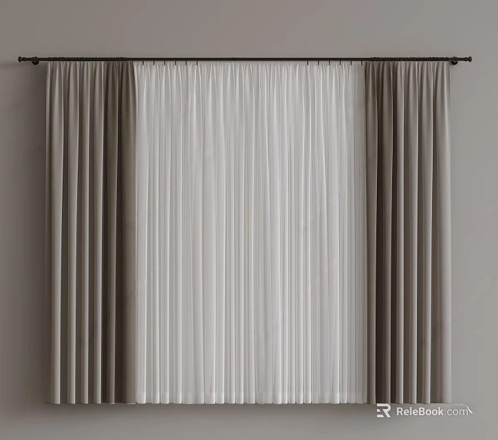 Modern Home Curtains With Gray Thick Panels And White Sheer Layers On Black Rod 3d model 