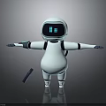 White Robot Featuring Digital Display Backpack Standing with Outstretched Arms and Tool on Ground 3d model