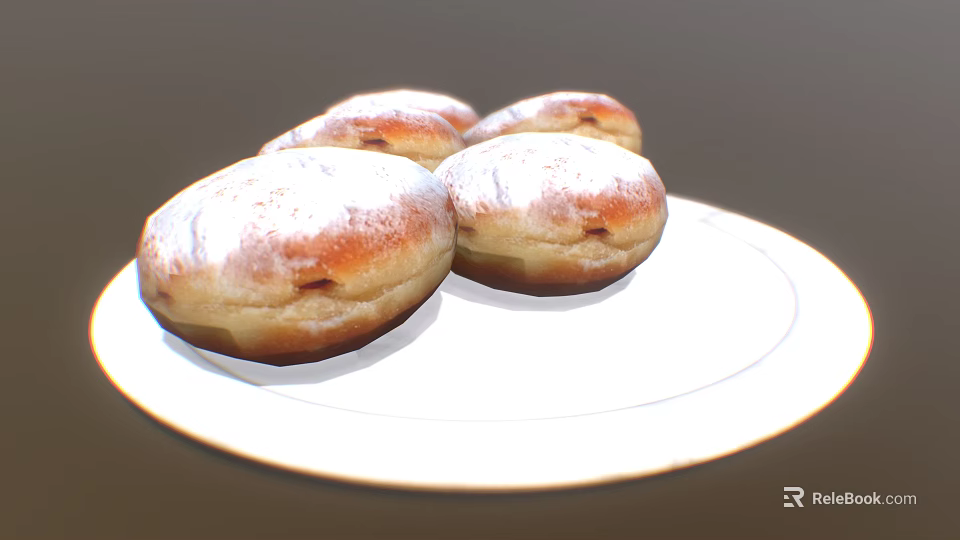Four Fresh Golden Brown Donuts With Powdered Sugar On White Plate 3d model 