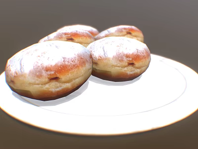 Four Fresh Golden Brown Donuts With Powdered Sugar On White Plate 3d model