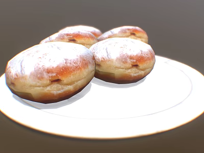 Four Fresh Golden Brown Donuts With Powdered Sugar On White Plate 3d model