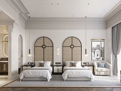 Elegant Modern Hotel Guest Room With Twin Beds Arched Headboards Pendant Lights And Decorative Painting 3d model