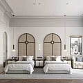 Elegant Modern Hotel Guest Room With Twin Beds Arched Headboards Pendant Lights And Decorative Painting