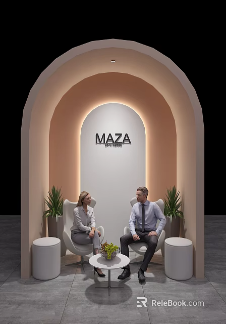 Public Office Space with Arch Design MAZA SOFTWARE Sign People Talking Green Plants and Chairs 3d model 