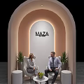 Public Office Space with Arch Design MAZA SOFTWARE Sign People Talking Green Plants and Chairs