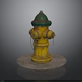 Yellow Fire Hydrant With Green Top And Chains On Round Stone Base