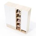 Modern White And Wooden Wardrobe Interior With Open Shelf Storage And Decorative Items