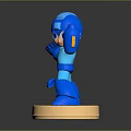 Blue Robot Character in Action Pose Standing on Golden Base with Reflective Surface 3d model