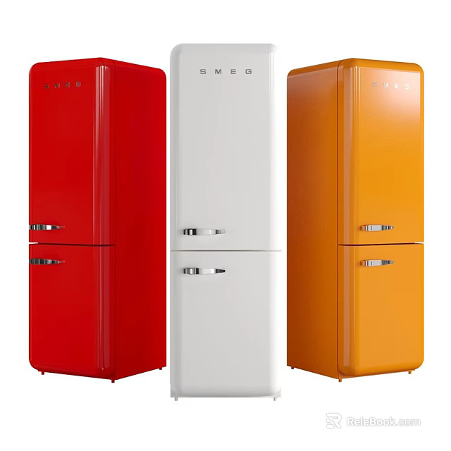 Vintage Double Door Upright Refrigerators In Red White And Orange Shiny Finish 3d model 