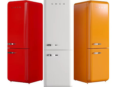 Vintage Double Door Upright Refrigerators In Red White And Orange Shiny Finish 3d model