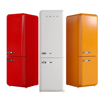 Vintage Double Door Upright Refrigerators In Red White And Orange Shiny Finish 3d model