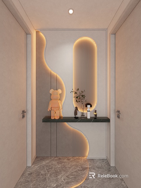 Stylish Entryway Hallway Featuring Wavy Wall LED Lights Mirror And Bear Figurine On Console 3d model 