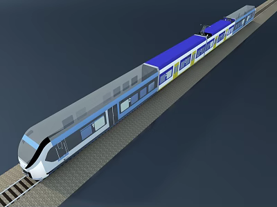 Modern Blue Gray Train with Streamlined Body and Windows on Railway Tracks 3d model