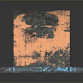 Weathered Arched Structure Featuring Orange Blue Hues With Two Wooden Support Sticks On Blue Base