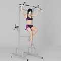 Woman doing pull ups on bar in black pink sports bra shorts against gray background