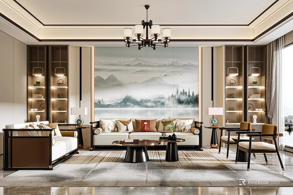Traditional Chinese Living Room Interior With Chandelier Mountain Landscape Painting Sofa And Lit Shelves 3d model 