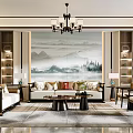 Traditional Chinese Living Room Interior With Chandelier Mountain Landscape Painting Sofa And Lit Shelves