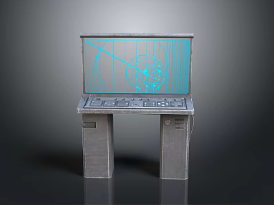 Gray Control Console With Blue Graphics Display Screen And Metallic Stand 3d model