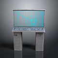 Gray Control Console With Blue Graphics Display Screen And Metallic Stand