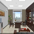 Office Interior Design With Wooden Desk Computer Monitor Black Leather Sofa And Bookshelf