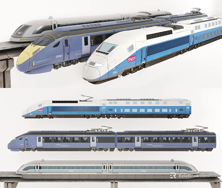 Modern High Speed Train Front And Side Views With Streamlined Design Blue White Livery 3d model 