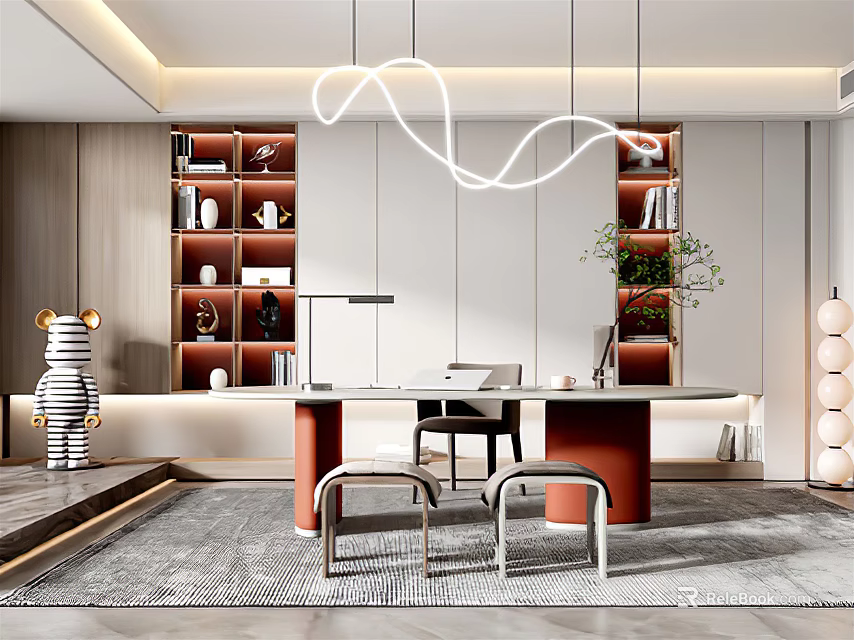 Elegant Modern Study Room Interior With Bookshelves Writing Desk And Curved Pendant Light 3d model 