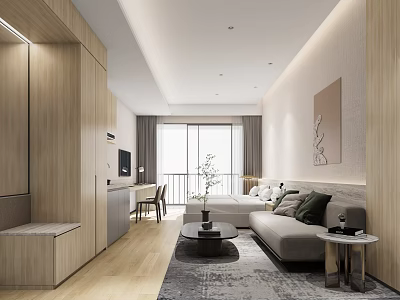 Modern Apartment Interior With Open Layout Wooden Cabinets Sofa Coffee Table Rug Floor-to-Ceiling Windows 3d model