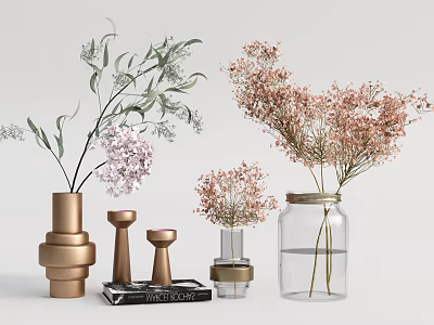 Golden And Glass Vases With Pink Flowers And Green Foliage For Home Decor 3d model