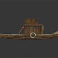 Traditional Wooden Water Transport Boat Featuring Upper Cabin Red Lanterns Lifebuoy And Deck