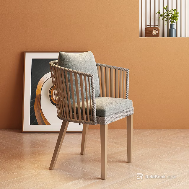 Stylish Leisure Chair With Woven Back Wooden Frame And Gray Cushion In Orange Wall Room 3d model 