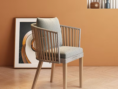 Stylish Leisure Chair With Woven Back Wooden Frame And Gray Cushion In Orange Wall Room 3d model