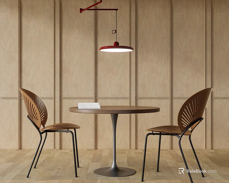 Modern Dining Table Set With Round Table Two Chairs Hanging Lamp Wooden Walls And Floor 3d model 
