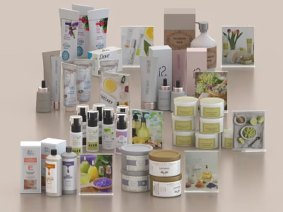 Assorted Perfume Cosmetics And Skincare Collection With Various Bottles Jars And Lemon Packaging 3d model