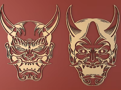 Intricate Carved Golden Japanese Masks On Red Background With Traditional Design 3d model