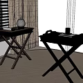 Modern Wooden and Black Cross Legged Side Tables with Vase Tray Cup and Notebook